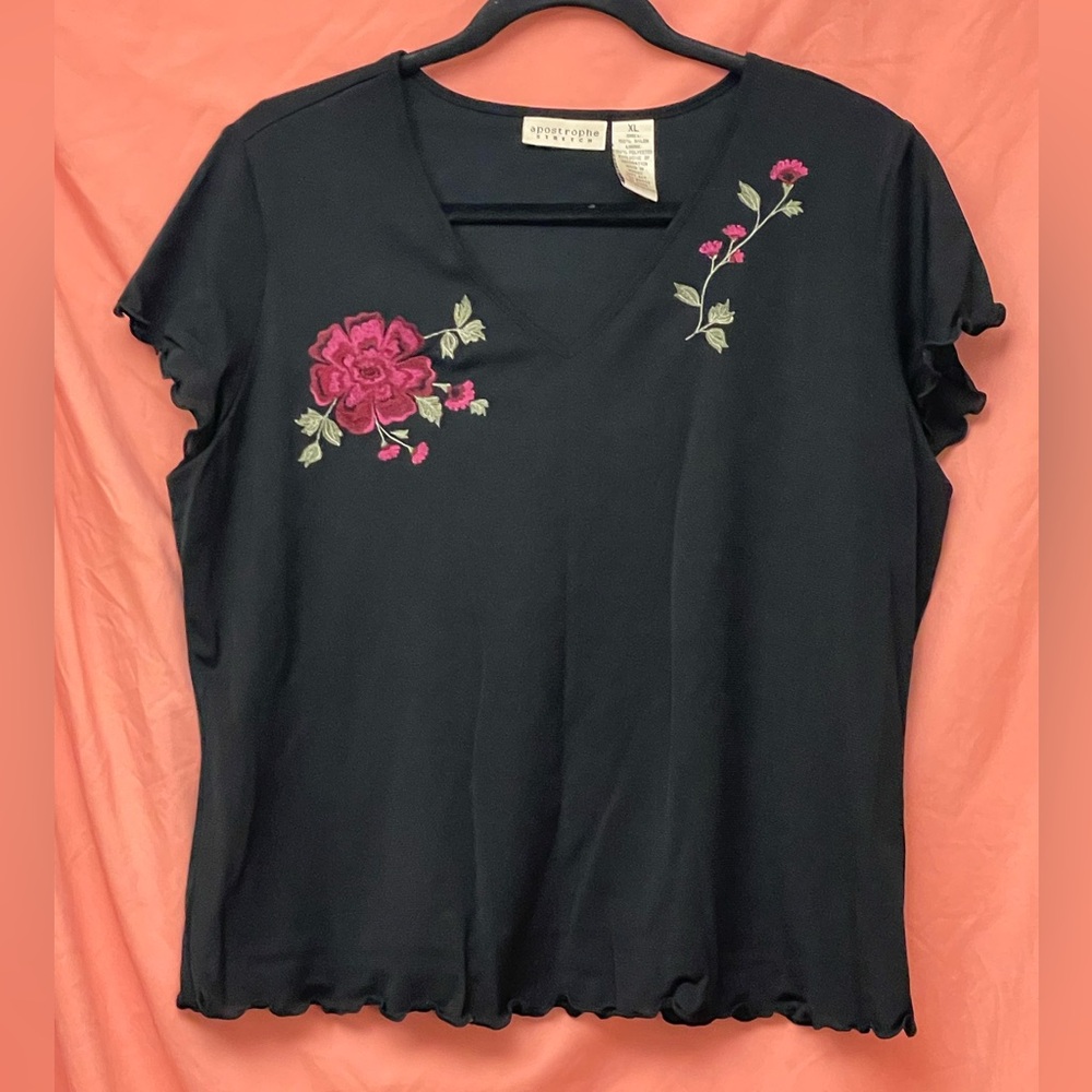 Apostrophe Black Top with Pink Floral Embroidery